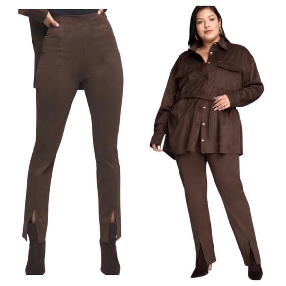 Good American Chocolate Brown Faux Suede Pant Size 8 Boss Split Hem Straight Leg - Picture 1 of 16